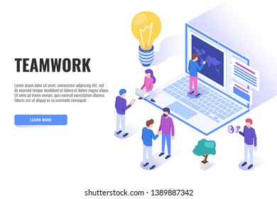 Teamwork concept. Users work near the laptop. Web banner, infographics. Isometric vector illustration.