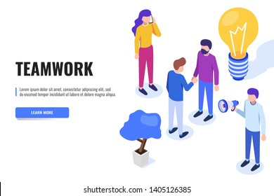 Teamwork concept. Users work together. Web banner, infographics. Isometric vector illustration.