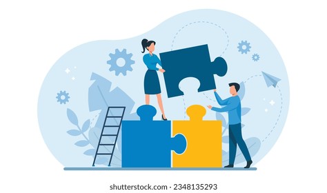 Teamwork concept. Vector of business people solving a problem in a team.