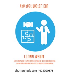 Teamwork concept vector icon. Businessman puzzle handshake sign symbol. Blue white round logo.