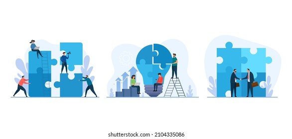 Teamwork concept. Vector illustration of business concept with giant puzzle. Set of symbol of partnership and collaboration.