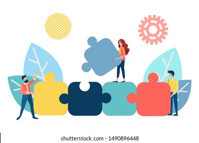 Teamwork concept vector illustration. Employees assemble a puzzle symbolizing parts of an effective workflow.