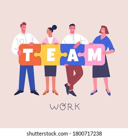 Teamwork concept. Vector illustration of four cartoon young people in business outfits with pieces of puzzle, making word TEAM. Isolated on background