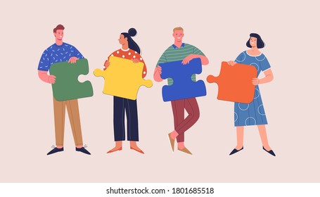 Teamwork concept. Vector illustration of four cartoon young people in casual outfits with pieces of puzzle. Isolated on background