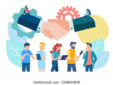 Teamwork concept Vector illustration. Handshake and team of office workers discussing current issues, communicating with partners around the world using mobile and web technologies.