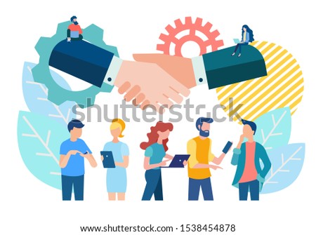 Teamwork concept Vector illustration. Handshake and team of office workers discussing current issues, communicating with partners around the world using mobile and web technologies.