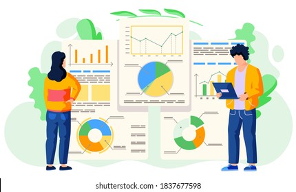 Teamwork concept. Vector illustration joint work in the company. Workers communicate, solve business development issues, collaboration and discussion graphical business report with charts and graphs