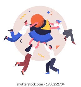 Teamwork Concept. Vector Illustration Of People With Different Geometric Shapes Making One Shape. Isolated On Abstract Background