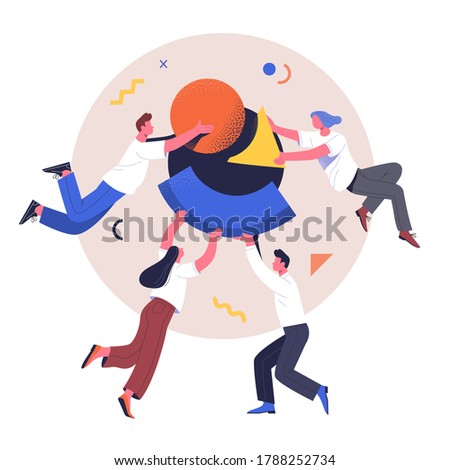 Teamwork concept. Vector illustration of people with different geometric shapes making one shape. Isolated on abstract background