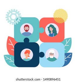 Teamwork concept vector illustration. Search for staff, effective work team. Puzzles with the image of employees represent parts of a whole.