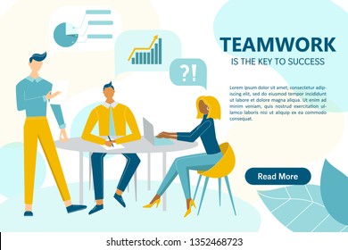 Teamwork concept web banner with the place for your text. People work together in the office on the abstract background. Vector illustration for websites, web pages design and mobile apps.