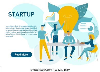 Teamwork concept web banner with the place for your text. People work on new startup together in the office on the abstract background. Vector illustration for websites, web pages design and apps