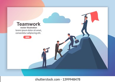 Teamwork concept web template landing page. Team businessmen together rise on mountain with flag. Give help hand. Collaboration concept. Vector design. Business people work together to achieve goal.