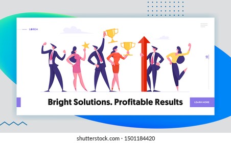 Teamwork Concept for Website Landing Page. Successful Business Team Stand in Raw Posing with Winners Trophies Celebrating Victory Successful Project Web Page Banner. Cartoon Flat Vector Illustration