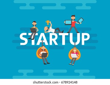 Teamwork concept, working together ilustration. People have an idea, programmer works hard, managers and others promote the project using laptops.  Teamwork concept, working together ilustration