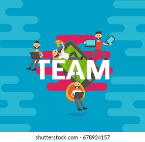 Teamwork concept, working together ilustration. People have an idea, programmer works hard, managers and others promote the project using laptops.  Teamwork concept  ilustration