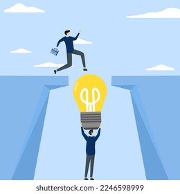Teamwork concept,Businessman holding light bulb bridging the gap for partner walking across cliff, business support and teamwork vector concept