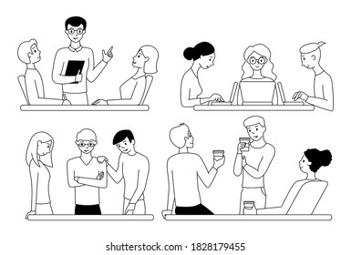 Teamwork concepts set. People  working in the office. Black outline. Isolated on white background. Vector illustration.
