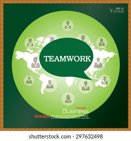 Teamwork Concept.teamwork with business man network and  world map on chalkboard.vector illustration.