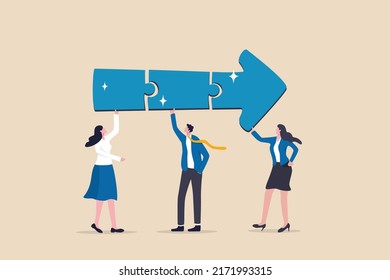 Teamwork connecting jigsaw puzzle metaphor of solving problem together, business direction or collaborate for winning and achieve success concept, business people coworkers connecting arrow jigsaw.