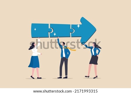 Teamwork connecting jigsaw puzzle metaphor of solving problem together, business direction or collaborate for winning and achieve success concept, business people coworkers connecting arrow jigsaw.