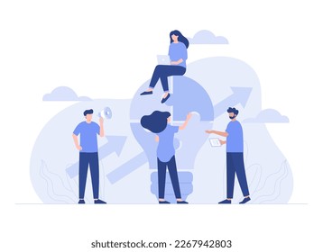 Teamwork connecting light bulb puzzle, finding ideas solving problems. Modern vector flat illustration
