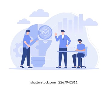 Teamwork connecting light bulb puzzle, finding ideas solving business problems. Modern vector flat illustration