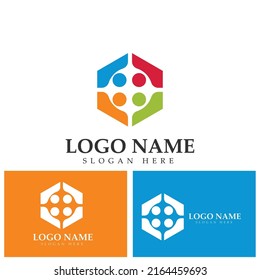 Teamwork connecting people hexagon concept logo symbol icon vector design