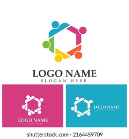 Teamwork connecting people hexagon concept logo symbol icon vector design