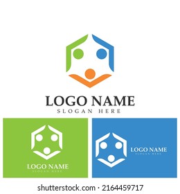 Teamwork connecting people hexagon concept logo symbol icon vector design