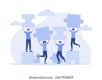 Teamwork connecting puzzle elements, jump happily. Symbol of teamwork, cooperation, partnership vector. Modern vector flat illustration