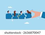 Teamwork connection, jigsaw puzzle to complete team success, coworker, team member or colleague to help and support team unity, businessman hand connect jigsaw piece to complete teamwork partnership.