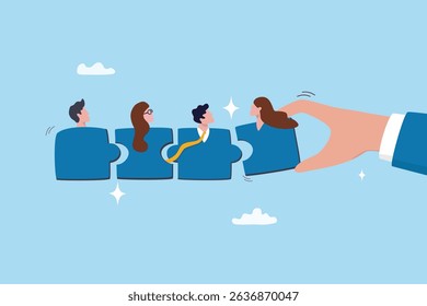 Teamwork connection, jigsaw puzzle to complete team success, coworker, team member or colleague to help and support team unity, businessman hand connect jigsaw piece to complete teamwork partnership.