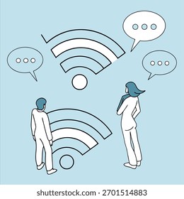 Teamwork and connection with wifi technology, ideal for online communication. Showcases modern business and social networking concepts, perfect for websites.