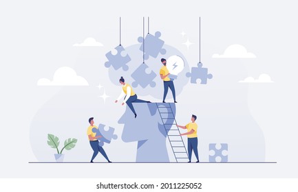 Teamwork connects jigsaw puzzles for brainstorming. vector illustration.