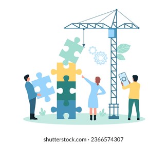 Teamwork construction, company cooperation vector illustration. Cartoon tiny people build puzzles tower from blocks, construct building with construction crane and making digital project together