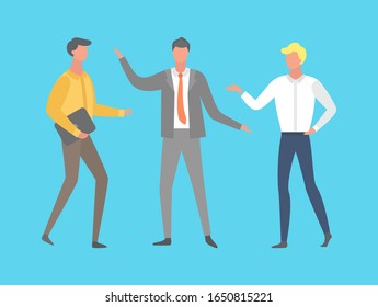 Teamwork conversation and strategy, men full-length and portrait view in suit. Businessman or colleagues discussion, people isolated on blue vector