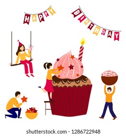 Teamwork cooking concept - Little people - men and women - decorating giant birthday cake or dessert, vector illustration for bakeshop poster, party banner, invitation ect.