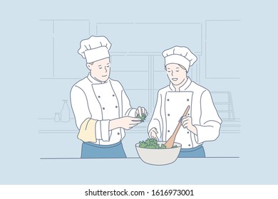 Teamwork, cooking, restaurant, food concept. Young man and happy woman do excellent teamwork at restaurant. Food like salad is very healthy. Cooking is form of art and brings joy. Simple flat vector