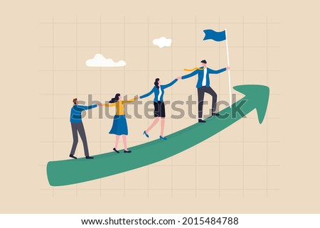 Teamwork cooperate together to achieve target, leadership to build team walking up rising growth arrow, career development concept, businessman leader holding hand with employee walking up arrow graph