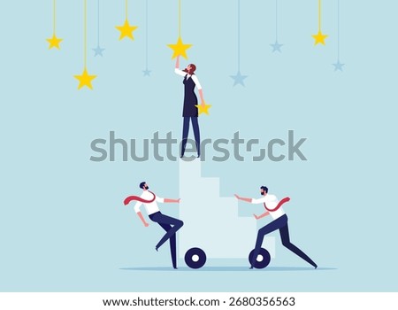 Teamwork or cooperation for best quality work concept, employees support colleague to catch star