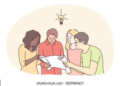 Teamwork, cooperation, business, analysis, meeting, discussion concept. Collective idea creation and brainstorming. Team of businessmen women clerks managers coworkers negotiating working in office.