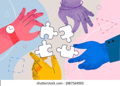 Teamwork, cooperation, business collaboration concept. Hands of business people partners trying to connect puzzle pieces at office as meaning of successful teamwork and common projects illustration 