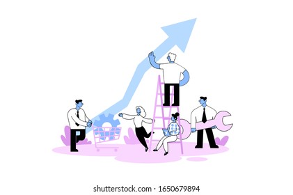 Teamwork, cooperation in business environment. People acting among business symbols. Cartoon flat vector illustration. Isolated on white background.