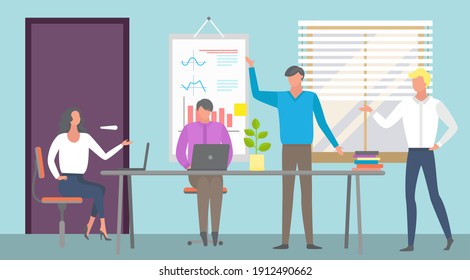 Teamwork or cooperation and business, men and woman sit at a large conference table with computers in office workspace. Managers working on laptop and talking on business meeting, discussing done job