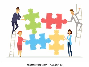 Teamwork and cooperation for business - modern cartoon people characters illustration with smiling colleagues putting puzzle pieces together standing on a ladder. Creative concept of team building