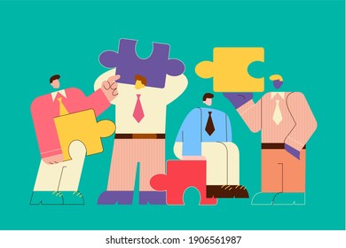 Teamwork, Cooperation, Business Partnership Concept. Business People Partners Coworkers Holding Puzzle Pieces And Working Together On Corporate Project Vector Illustration 