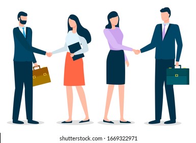 Teamwork Cooperation And Business Partnership. Man And Woman Shaking Hands Achievement In Deal. People Colleagues Corporate For Success Work. Male And Female Employees In Suit Standing Together Vector