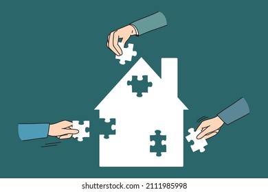 Teamwork cooperation and collaboration concept. Human hands of partners colleagues teammates forming one picture of pieces puzzles together vector illustration 