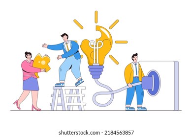 Teamwork, cooperation, or collaboration to win business success, partnership between coworkers or colleagues concepts. Businesspeople team supports each other to solve lightbulb puzzle and plug it in.